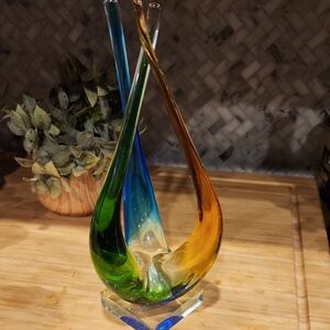 Handblown Glass Art Sculpture in Blue, Green & Amber